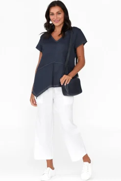 Sleeved Tops<Cali and Co Lindy Navy Linen V Neck Top