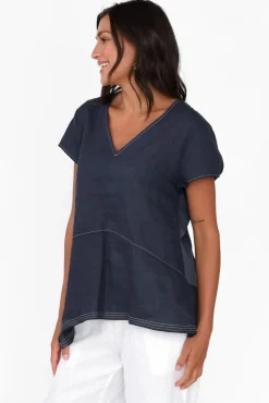 Sleeved Tops<Cali and Co Lindy Navy Linen V Neck Top