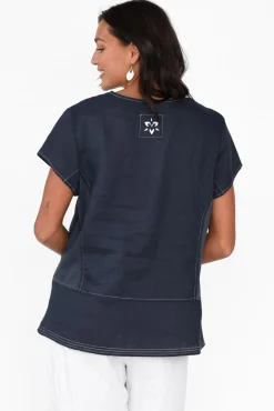 Sleeved Tops<Cali and Co Lindy Navy Linen V Neck Top