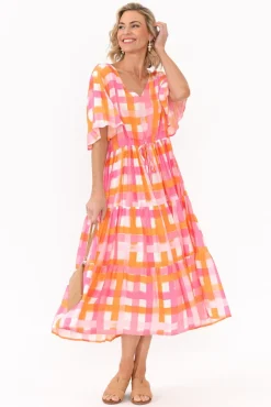 Midi Dresses<PQ Lisha Pink Check Tiered Dress