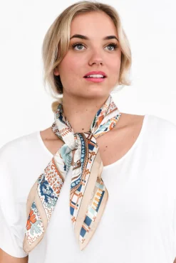 Scarves<Zoda Lizette Beige Satin Paisley Square Scarf