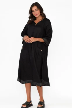 Linen Dresses<Cali and Co Lolita Black Linen Pocket Dress