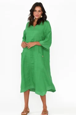 Linen Dresses<Cali and Co Lolita Green Linen Pocket Dress