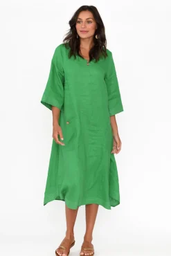 Linen Dresses<Cali and Co Lolita Green Linen Pocket Dress