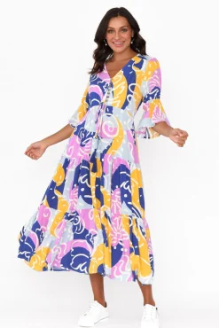 Midi Dresses<New U Collection Lona Blue Abstract Tier Dress