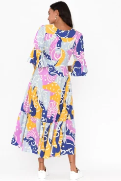 Midi Dresses<New U Collection Lona Blue Abstract Tier Dress