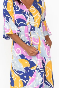 Midi Dresses<New U Collection Lona Blue Abstract Tier Dress