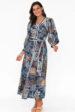 Midi Dresses<Once Was Lorene Navy Flower Bishop Sleeve Dress