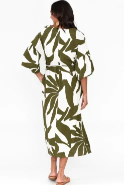 Midi Dresses<Label Of Love Lotte Green Leaf Puff Sleeve Dress