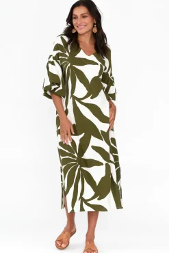 Midi Dresses<Label Of Love Lotte Green Leaf Puff Sleeve Dress