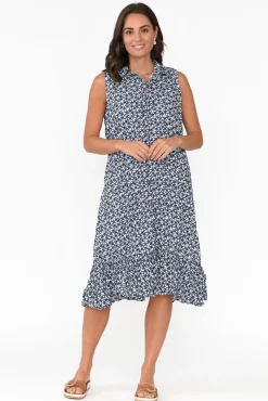 Cotton Dresses<Namastai Luca Navy Flower Cotton Frill Hem Dress