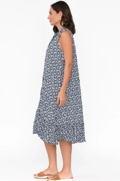 Cotton Dresses<Namastai Luca Navy Flower Cotton Frill Hem Dress