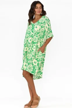 Above Knee Dresses<Isabella Boho Luce Green Flower Kaftan