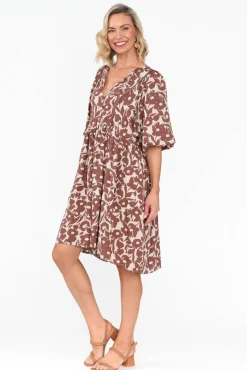 Above Knee Dresses<New U Collection Lyric Brown Floral Pocket Dress