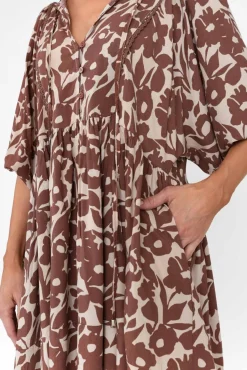 Above Knee Dresses<New U Collection Lyric Brown Floral Pocket Dress