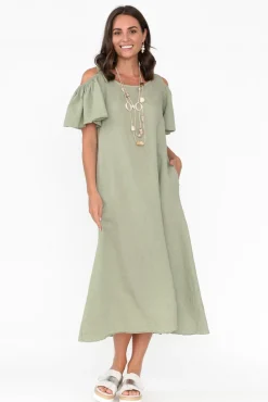 Linen Dresses<La Strada Mabrie Khaki Linen Cold Shoulder Dress