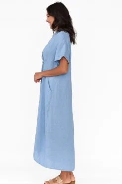 Linen Dresses<La Strada Madge Blue Linen Pocket Dress
