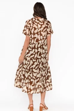 Cotton Dresses<Cali and Co Maelle Brown Abstract Cotton Tier Dress