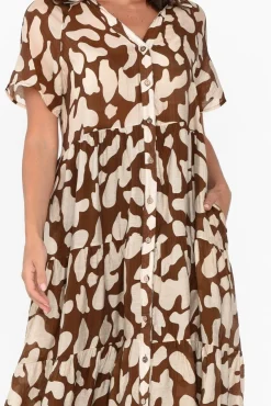 Cotton Dresses<Cali and Co Maelle Brown Abstract Cotton Tier Dress