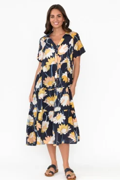 Cotton Dresses<Cali and Co Maelle Navy Flower Cotton Tier Dress