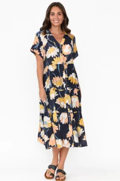 Cotton Dresses<Cali and Co Maelle Navy Flower Cotton Tier Dress