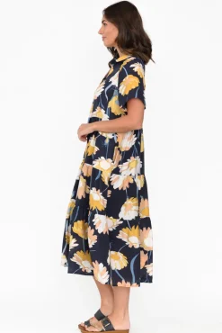 Cotton Dresses<Cali and Co Maelle Navy Flower Cotton Tier Dress