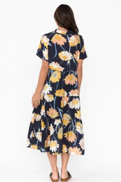 Cotton Dresses<Cali and Co Maelle Navy Flower Cotton Tier Dress