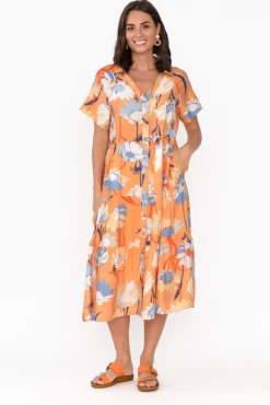 Cotton Dresses<Cali and Co Maelle Orange Flower Cotton Tier Dress