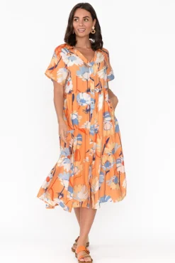 Cotton Dresses<Cali and Co Maelle Orange Flower Cotton Tier Dress
