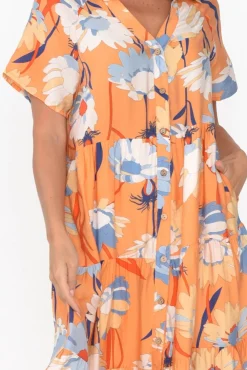 Cotton Dresses<Cali and Co Maelle Orange Flower Cotton Tier Dress