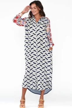 Maxi Dresses<Italian Star Maeva Navy Geometric Shirt Dress