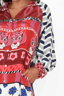 Midi Dresses<Italian Star Maeva Red Abstract Shirt Dress