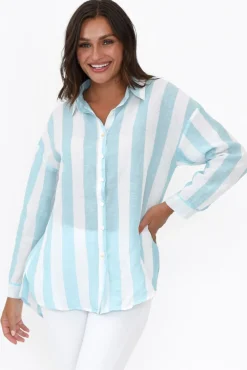 Linen Tops<Worthier Maeve Blue Stripe Oversized Linen Shirt