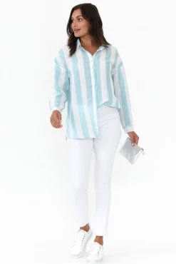 Linen Tops<Worthier Maeve Blue Stripe Oversized Linen Shirt