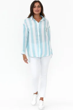 Linen Tops<Worthier Maeve Blue Stripe Oversized Linen Shirt