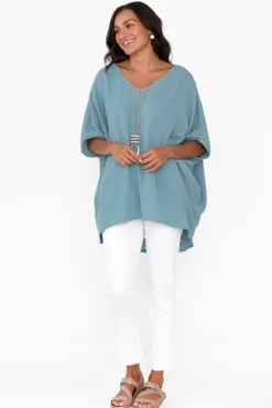 Cotton Tops<La Mode Maida Blue Cotton V Neck Top