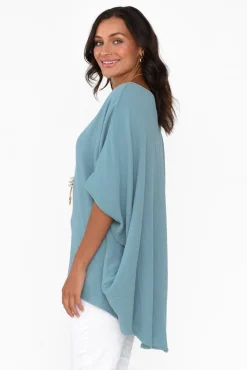 Cotton Tops<La Mode Maida Blue Cotton V Neck Top