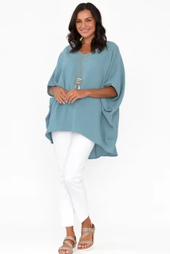 Cotton Tops<La Mode Maida Blue Cotton V Neck Top