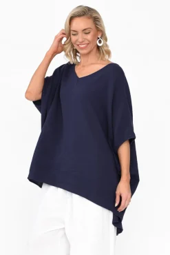 Cotton Tops<La Mode Maida Navy Cotton V Neck Top
