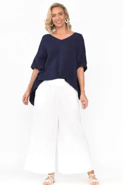 Cotton Tops<La Mode Maida Navy Cotton V Neck Top