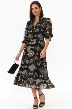 Midi Dresses<New U Collection Malcolm Brown Geo Frill Dress