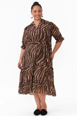 Midi Dresses<New U Collection Malcolm Brown Leopard Frill Dress