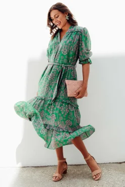 Midi Dresses<New U Collection Malcolm Green Paisley Frill Dress