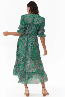 Midi Dresses<New U Collection Malcolm Green Paisley Frill Dress