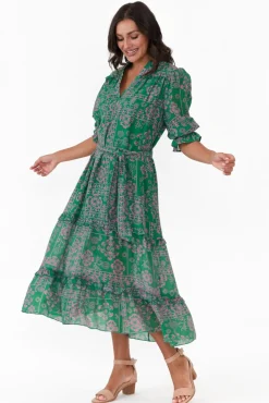 Midi Dresses<New U Collection Malcolm Green Paisley Frill Dress
