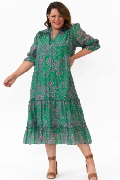 Midi Dresses<New U Collection Malcolm Green Paisley Frill Dress