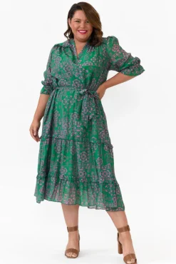 Midi Dresses<New U Collection Malcolm Green Paisley Frill Dress