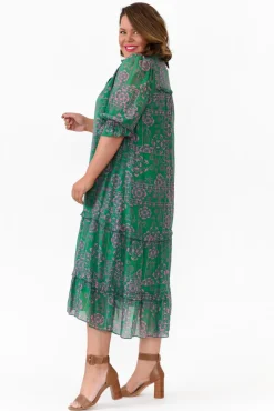 Midi Dresses<New U Collection Malcolm Green Paisley Frill Dress