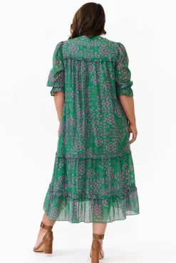 Midi Dresses<New U Collection Malcolm Green Paisley Frill Dress