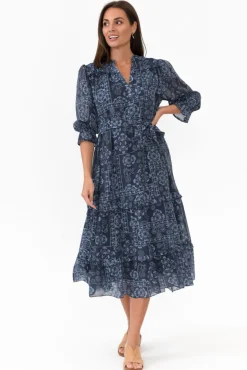 Midi Dresses<New U Collection Malcolm Navy Paisley Frill Dress